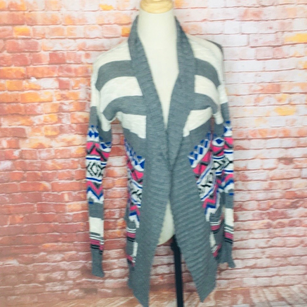Gray and Pink Long Open Front Southwestern Print  Cardigan Sweater